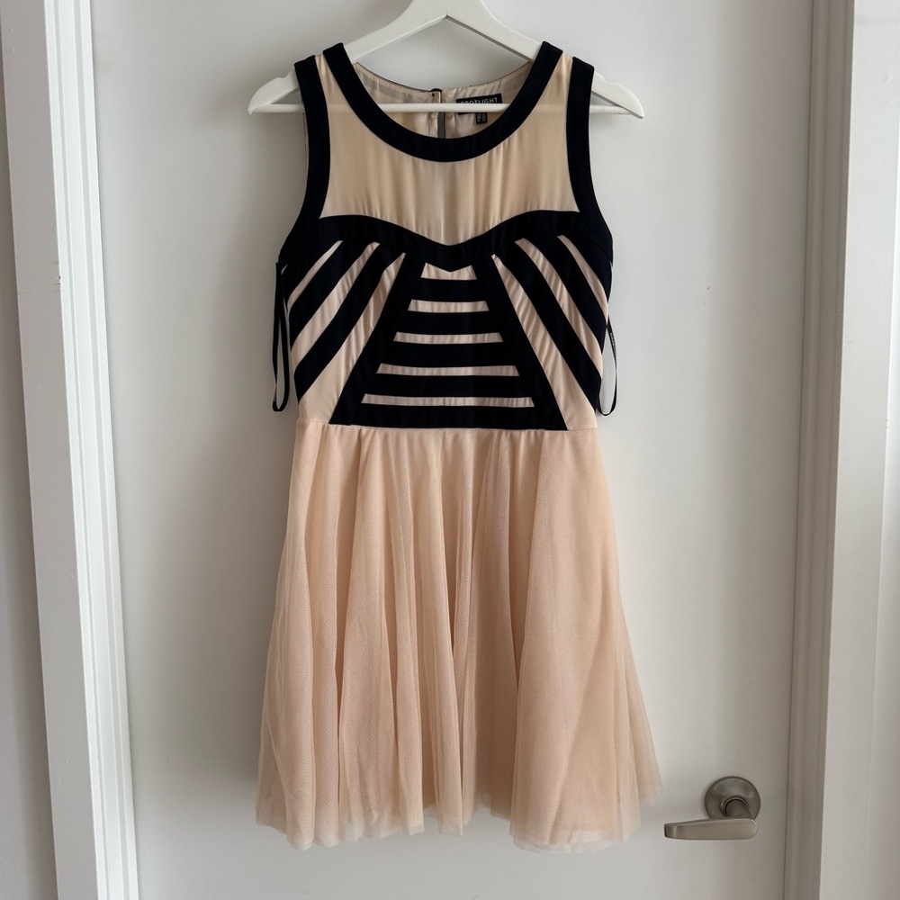 Spotlight by Warehouse Nude & Dark Navy Geometric Mesh Skater Dress